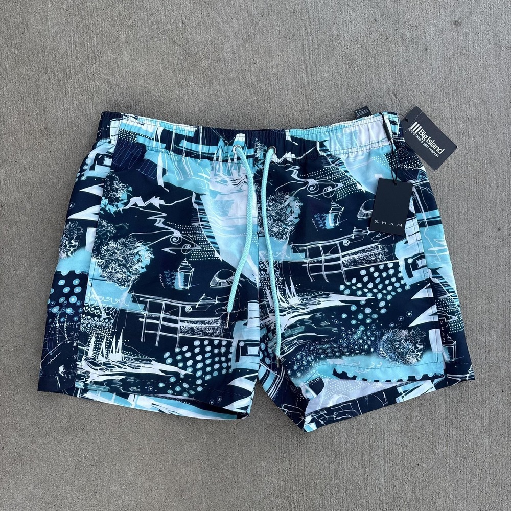 Shan Swim‎ Trunks Mens XL Blue Ibiza Print Lined Board Shorts Made In Canada